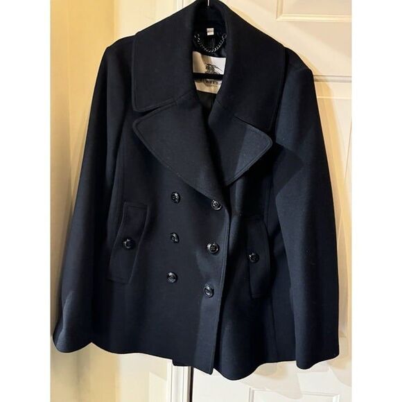 BURBERRY LONDON WOMENS. WOOL‎ CASHMERE BLEND PEACOAT BLACK JACKET SZ 16 XL - Picture 1 of 7